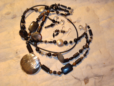 BLACK IS BLACK - silver, onyx, picaso jasper, pyrities triple necklace, 2 strings are detachable, bracelet extension, eardrops.
