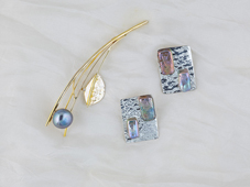 SPRAY - gold & mabe pearl brooch. RIPPLES - silver & freshwater pearl earclips 